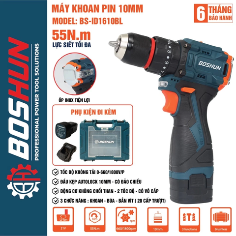 Máy Khoan Pin BOSHUN 10mm BS-ID1610BL, 3 Chức Năng, 20 Cấp Tượt Đầu AUTO LOCK, Nguồn 16.8v, Chuyên Khoan Tường, Sắt, Gỗ