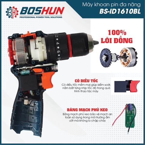 Máy Khoan Pin BOSHUN 10mm BS-ID1610BL, 3 Chức Năng, 20 Cấp Tượt Đầu AUTO LOCK, Nguồn 16.8v, Chuyên Khoan Tường, Sắt, Gỗ