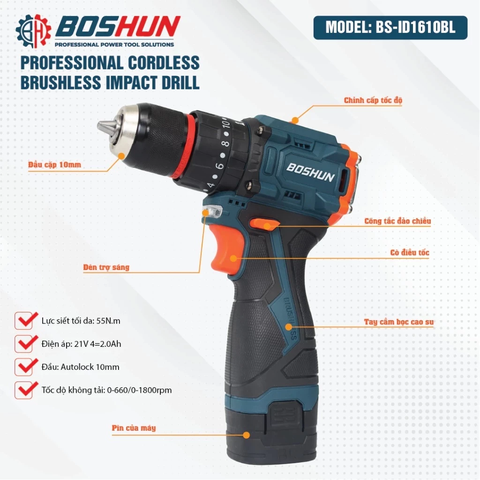Máy Khoan Pin BOSHUN 10mm BS-ID1610BL, 3 Chức Năng, 20 Cấp Tượt Đầu AUTO LOCK, Nguồn 16.8v, Chuyên Khoan Tường, Sắt, Gỗ