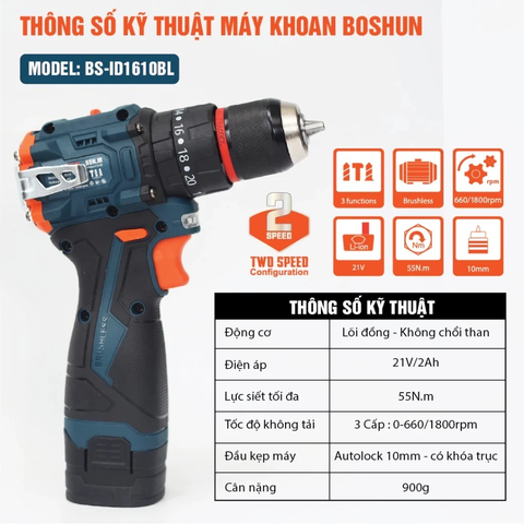 Máy Khoan Pin BOSHUN 10mm BS-ID1610BL, 3 Chức Năng, 20 Cấp Tượt Đầu AUTO LOCK, Nguồn 16.8v, Chuyên Khoan Tường, Sắt, Gỗ