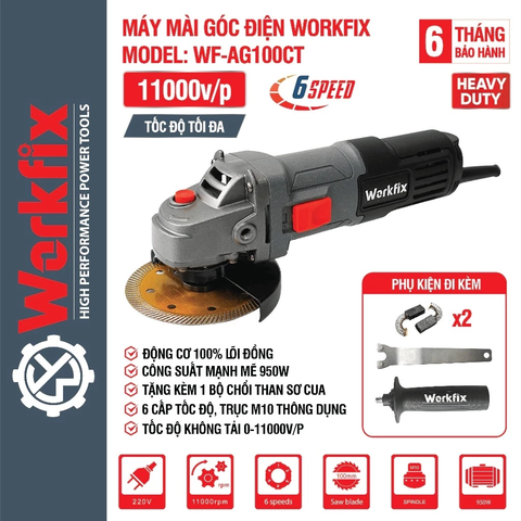 [TẶNG 1 LƯỠI ĐA NĂNG] Máy Mài Cầm Tay WORKFIX WF-AG100CT, Máy Mài Điện Công Tắc Cạnh 950W 6 Tốc Độ Chống Khởi Động Lại