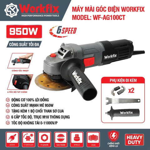 [TẶNG 1 LƯỠI ĐA NĂNG] Máy Mài Cầm Tay WORKFIX WF-AG100CT, Máy Mài Điện Công Tắc Cạnh 950W 6 Tốc Độ Chống Khởi Động Lại