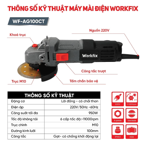 [TẶNG 1 LƯỠI ĐA NĂNG] Máy Mài Cầm Tay WORKFIX WF-AG100CT, Máy Mài Điện Công Tắc Cạnh 950W 6 Tốc Độ Chống Khởi Động Lại