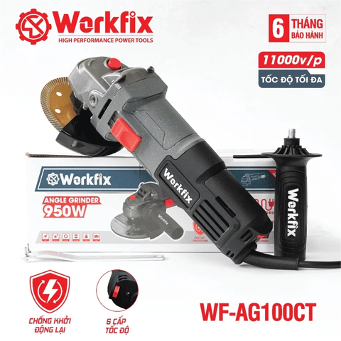 [TẶNG 1 LƯỠI ĐA NĂNG] Máy Mài Cầm Tay WORKFIX WF-AG100CT, Máy Mài Điện Công Tắc Cạnh 950W 6 Tốc Độ Chống Khởi Động Lại
