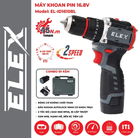 Máy Khoan Pin ELEX EL-ID1610BL, Máy Dùng Pin 16.8V, 3 Chức năng, Không Chổi Than 45Nm, 35 Cấp Trượt, 10mm AUTO LOCK