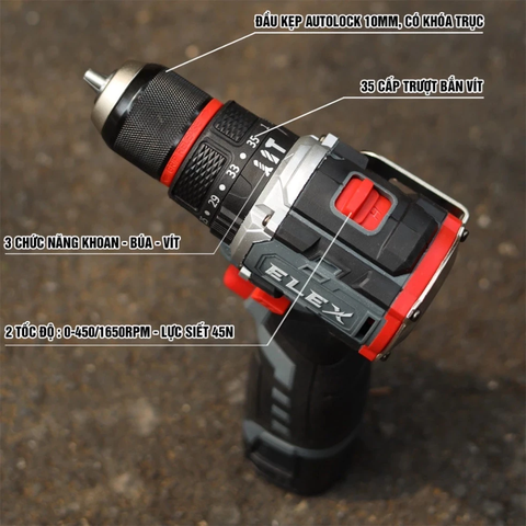 Máy Khoan Pin ELEX EL-ID1610BL, Máy Dùng Pin 16.8V, 3 Chức năng, Không Chổi Than 45Nm, 35 Cấp Trượt, 10mm AUTO LOCK