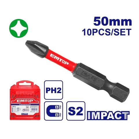 Bộ 10 đầu mũi vít EMTOP - ESBTMPH223, Mũi PH2 50mm Có Từ Tính