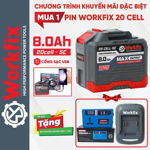 [SẠC+CHUYỂN NGUỒN 220V CÓ ĐÈN] Pin 20 Cell WORKFIX 8Ah WF-BK2008A Mạch 4 Mosfet Chân Pin Phổ Thông Vỏ Abs Chống Va Đập