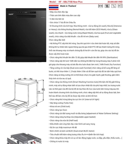 Máy rửa chén KAFF KF-SBL775B New Plus - Xả hàng trưng bày giá tốt