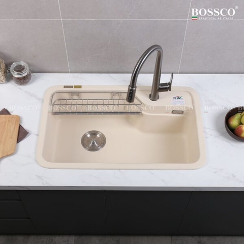 Chậu rửa chén đá 1 hộc bo góc BOSSCO BC-KT8150KKS Kem Kim Sa