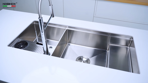 Chậu rửa bát Nobinox Razia NJ577 - 2 hố lệch Size Đại, Tích hợp Xịt cốc