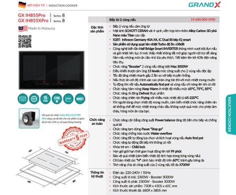 Bếp từ Grandx GX IH855XPro Series 8 nhập Malaysia - Kính Schott Ceran