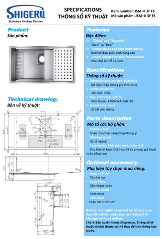 Chậu Rửa Bát Shigeru LE JSM-K 3F FS : Made in Japan