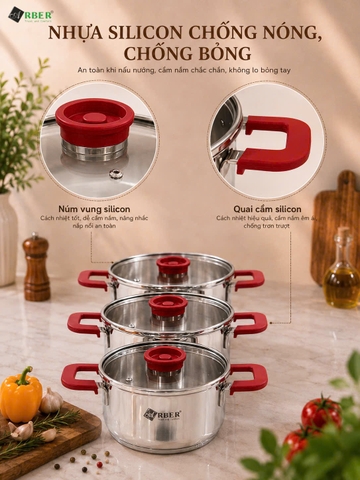 Bộ nồi inox ROSE Arber 4 món inox 304 kèm chảo chống dính