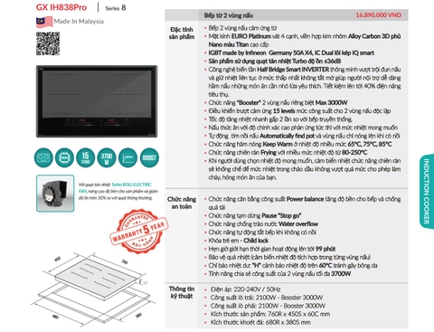 Bếp từ Grandx GX IH838Pro Series 8 Malaysia | Kính Euro Platinum