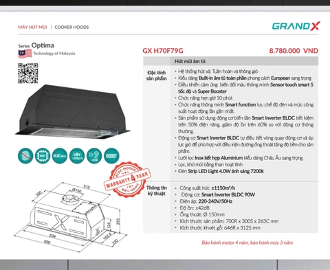 Máy hút mùi GrandX GX H70F79G - Âm toàn phần BLDC