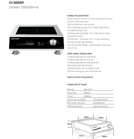 Bếp từ công nghiệp Kocher CI-5000W Inverter 40% – Công suất 5000W