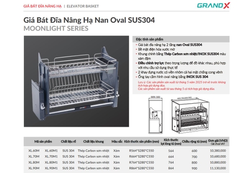 Giá Bát Đĩa Nâng Hạ GrandX XL.60M - XL.70M - XL.80M - XL.90M - Nan Oval Inox SUS304