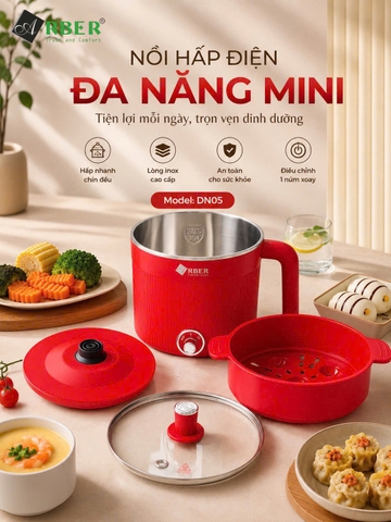Nồi Lẩu Mini Arber DN05 Màu Đỏ 1.8 Lít Kèm Xửng Hấp