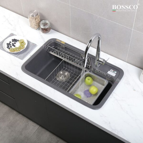 Chậu rửa chén đá 1 hộc bo góc BOSSCO BC-KT8150XĐ Xám Đen