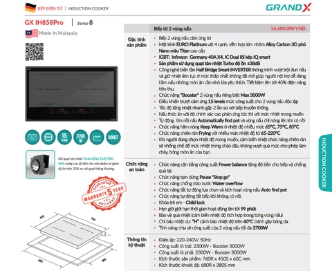 Bếp từ Grandx GX IH858Pro Series 8 Malaysia | Inverter Nấu Liu Riu