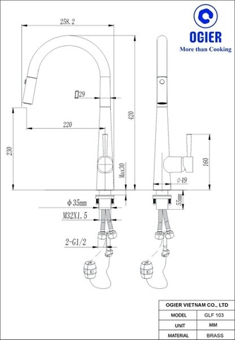 Vòi rửa bát dây rút nóng lạnh Ogier GLF 103