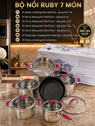 Bộ nồi inox 7 món RUBY Arber inox 304 kèm xửng hấp