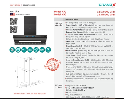 Máy hút mùi GrandX Model X/90 - Wifi connect Smart