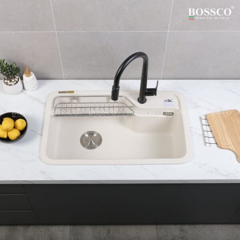 Chậu rửa chén đá 1 hộc bo góc BOSSCO BC-KT8150TKS Trắng Kim Sa