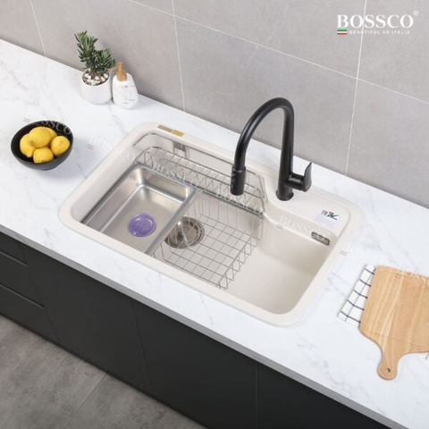 Chậu rửa chén đá 1 hộc bo góc BOSSCO BC-KT8150TKS Trắng Kim Sa
