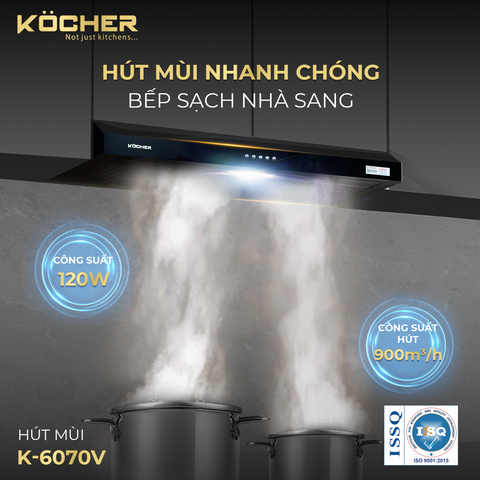 Máy hút mùi KOCHER K-6070V - Cổ điển - Nhỏ gọn - Hút khỏe 900m3/h