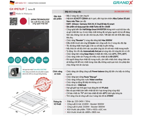 Bếp từ Grandx GX IP876JP Seri 8 - nhập Malaysia - Kính Schott Ceran