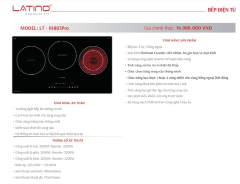 Bếp điện từ Latino LT-IH883 Pro | 3 Vùng Nấu | Inverter