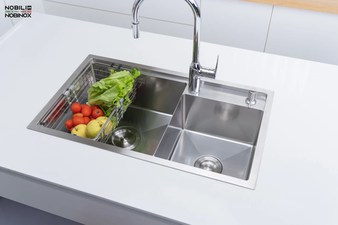 Chậu rửa bát Nobinox Lumia NJ507D - 2 hố lệch, Hạt Linen chống xước