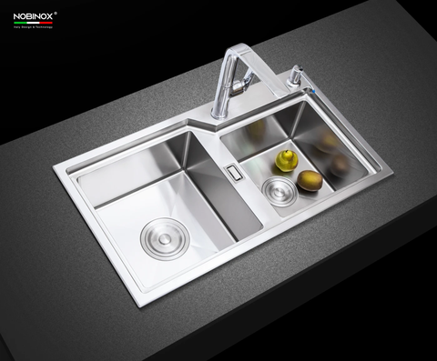 Chậu rửa bát Nobinox Lumia NJ512 - 2 hố lệch, Inox 304 Posco siêu dày