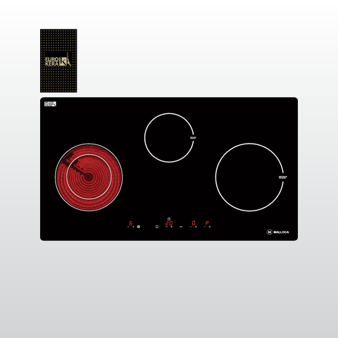 Bếp kính âm Malloca MH-03IRB LB gồm 2 bếp từ và 1 bếp điện