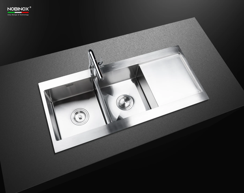 hậu rửa bát Nobinox Liken NL749 - 2 hố cân có bàn chờ, Inox Posco