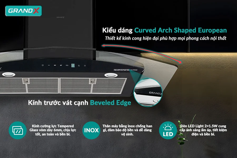 Hút mùi kính cong GrandX GX H90C62M - 1050m3/h Premium