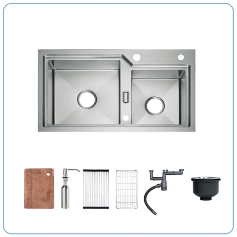 Chậu rửa bát Nobinox Lumia NJ512 - 2 hố lệch, Inox 304 Posco siêu dày