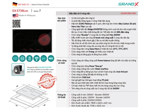 Bếp điện từ hồng ngoại Grandx GX E738LUX nhập khẩu Malaysia