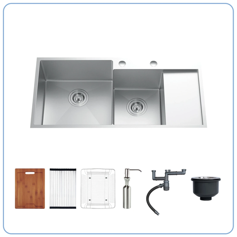 Chậu rửa bát Nobinox Liken NL746 - 2 hố lệch có bàn chờ, Inox Posco