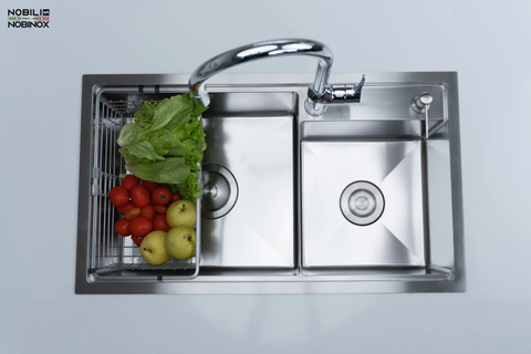 Chậu rửa bát Nobinox Lumia NJ507D - 2 hố lệch, Hạt Linen chống xước