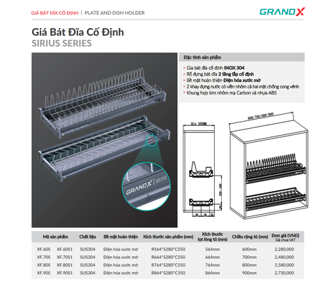 Giá bát cố định GrandX XF.60S – XF.70S – XF.80S – XF.90S Inox 304 2 tầng