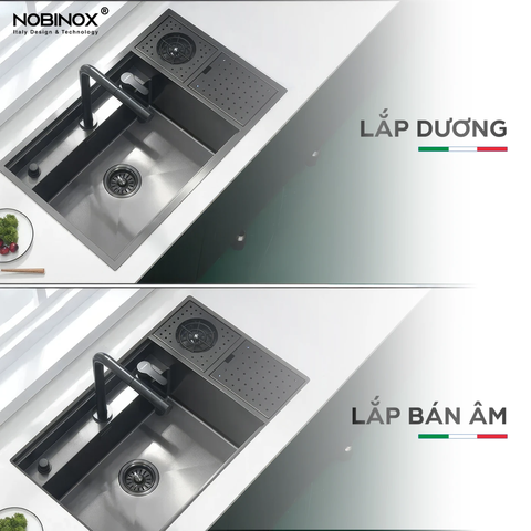 Chậu rửa bát 1 hố Nobinox LUMIA NJ5610B - Tích hợp máy rửa cốc