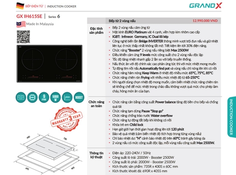 Bếp từ Grandx GX IH615SE Series 6 Malaysia - Inverter 2500W