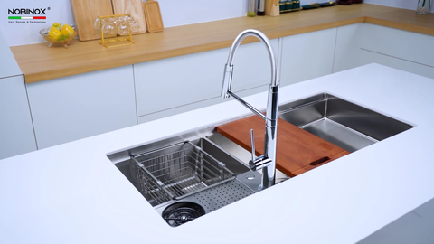 Chậu rửa bát Nobinox Razia NJ577 - 2 hố lệch Size Đại, Tích hợp Xịt cốc