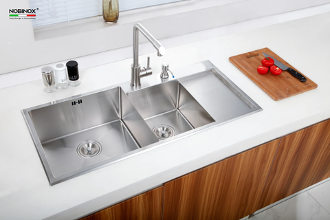 Chậu rửa bát Nobinox Liken NL746 - 2 hố lệch có bàn chờ, Inox Posco