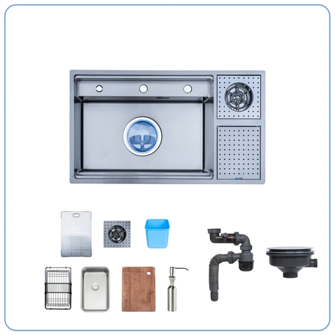 Chậu rửa bát Nobinox LUMIA NJ510B - PVD Đen, Tích hợp Xịt Cốc & Hộc Rác