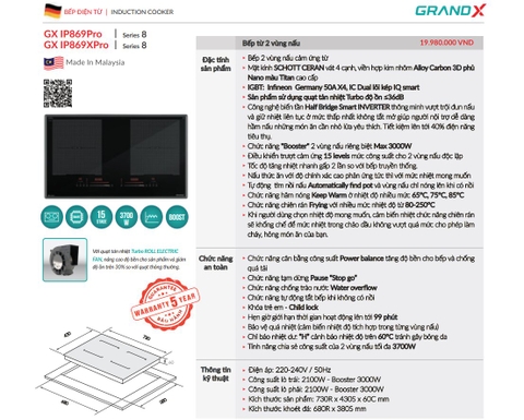 Bếp từ Grandx GX IP869Pro Series 8 nhập Malaysia - kính Schott Ceran