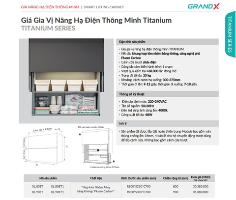 Giá gia vị nâng hạ điện GrandX XL.80ET - XL.90ET Titanium - Thông minh 1 chạm
